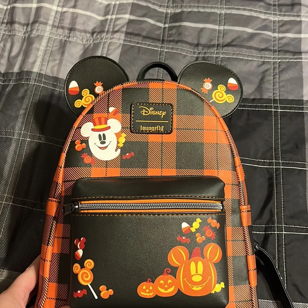 Loungefly Orange and Black Plaid Halloween Mickey Mini Backpack